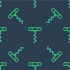 Line Wine corkscrew icon isolated seamless pattern on blue background. Vector