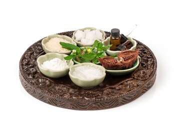 Soak hair with false daisy,bixa orellana,jasmine rice,menthol, camphor and borneol isolated on white background.