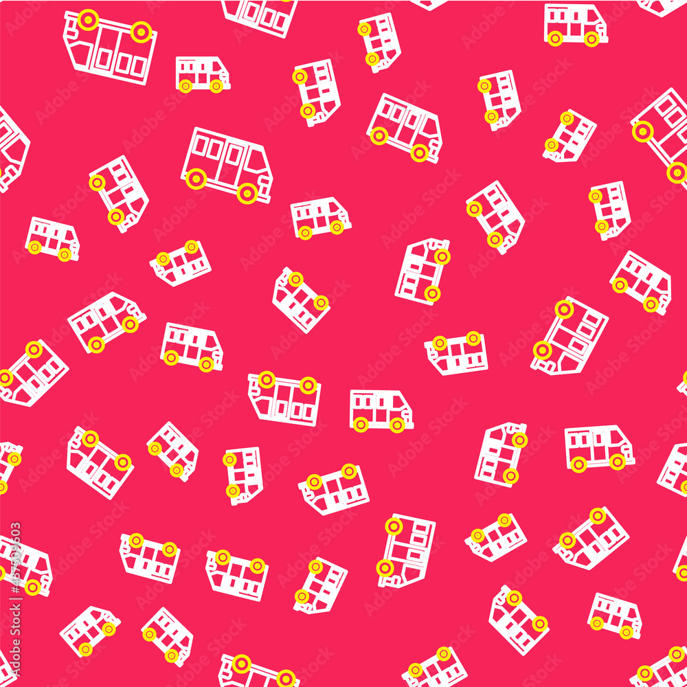 Poster line school bus icon isolated seamless pattern on red background. public transportation symbol. vect