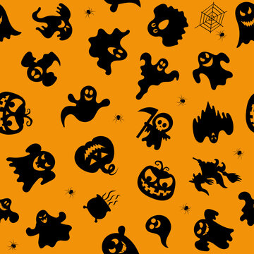 Halloween design. Halloween symbols: ghost, spider, pumpkin in cartoon style. Vector Illustration