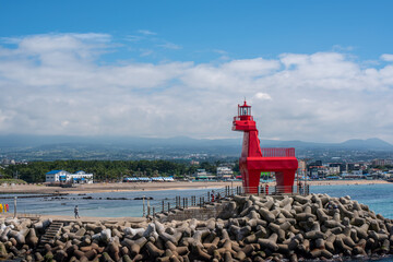 Horse-shaped lighthouse on the beach in Jeju Island