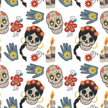 Seamless pattern with Mexican national attributes. A picture of skulls, a postcard for the day of the dead. Background image or print on textiles. EPS10