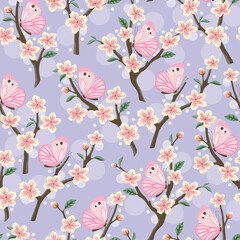 Seamless background with sakura flowers and cabbage butterflies. Vector illustration.