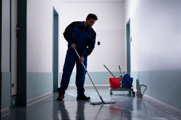 Professional Office Janitor Worker Cleaning Floor