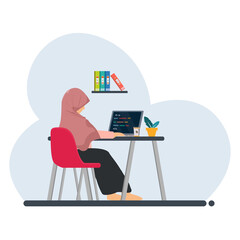 Muslim Woman Working with Laptop on Desk Illustration vector