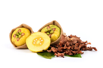 Fresh and dried garcinia and garcinia atroviridis fruits isolated on white background.