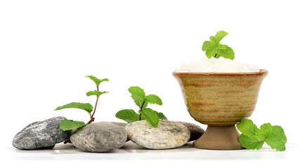 Kitchen mint, marsh mint and crystals isolated on white background.