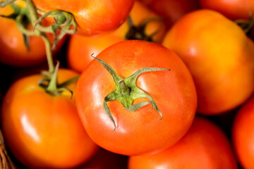 Fresh tomato fruits on nature background.top view,flat lay.