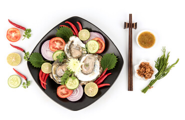 Fresh oyster isolated on white background.top view,flat lay.