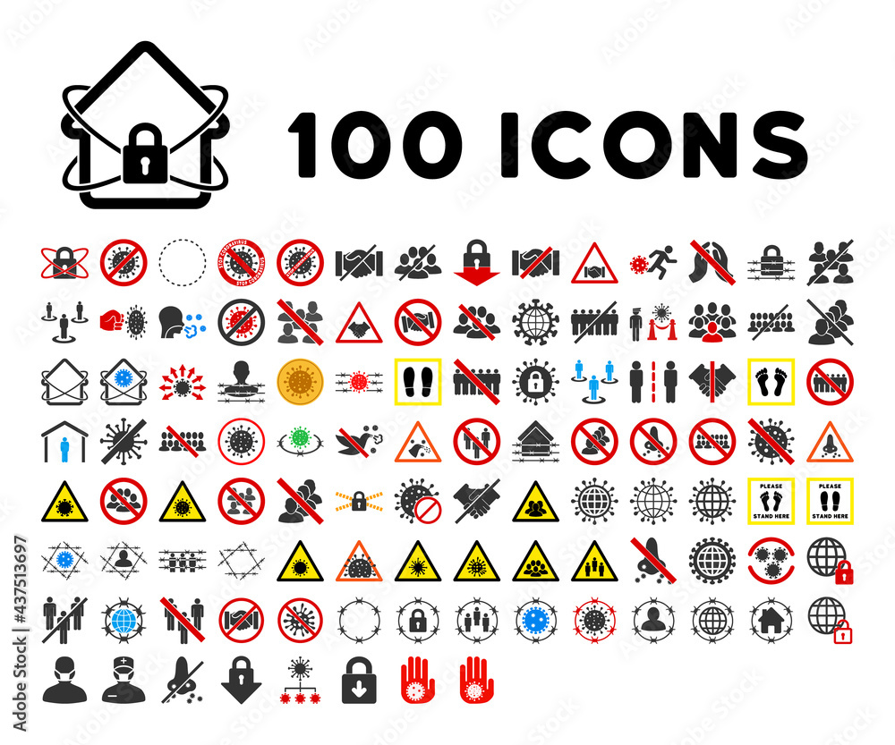 Poster 100 covid isolation icons in flat style. 100 covid isolation icons is a vector icon set with quarant