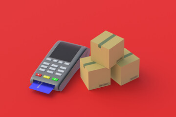 Obraz premium Compact cash register with a plastic card near cardboard boxes. Cashless payment for delivery of parcel. Instant transactions for transportation of goods. Wholesale and retail purchases. 3d render