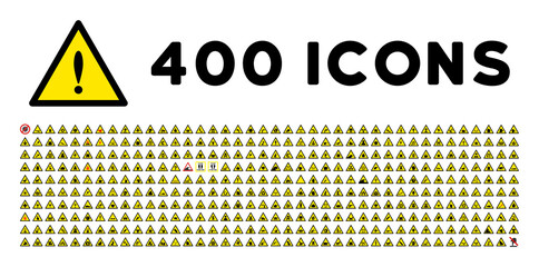 400 accident warning icons in flat style. 400 accident warning icons is a vector icon set of danger, advice, important, trouble, warning, hazard symbols. These simple pictograms designed for safety