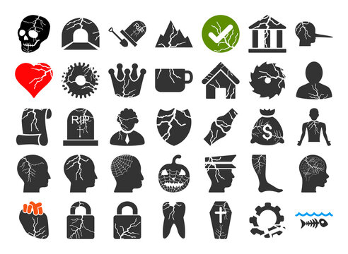 35 Decay Icons In Flat Style. 35 Decay Icons Is A Vector Icon Set Of Destruction, Damage, Corruption, Rotting, Corrosion Process. These Simple Symbols Designed For Historic Purposes. 35 Decay Icons On