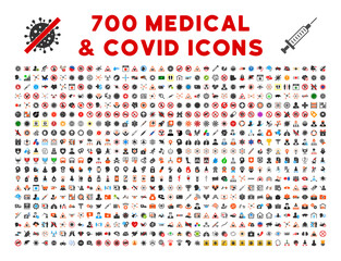 700 medical covid icons in flat style. 700 medical covid icons is a vector icon set of doctor, viral, vaccination, epidemic, sickness, health care symbols. These simple pictograms designed for