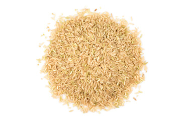 Brown jasmine rice seeds laid out in a circle isolated on white background.top view,flat lay.