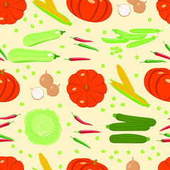 Vegetables harvest seamless vector pattern. Different types of vegetables in a flat style on a beige background. Background for design, wallpaper, fabric, packaging.