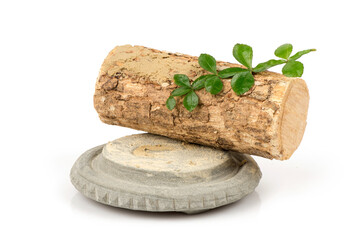 Thanaka ,timbers ,green leaves and powder isolated on white background.