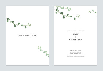 Minimalist foliage wedding invitation card template design, green Siamese rough bush leaves on white