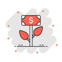 Growth profit icon in comic style. Flower with money cartoon vector illustration on white isolated background. Increase splash effect business concept.