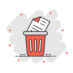 Trash bin with document icon in comic style. Paper recycle cartoon vector illustration on white isolated background. Office garbage splash effect business concept.
