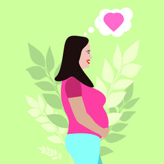 Obraz na płótnie Canvas Pregnant girl on a background of leaves on a green background, vector illustration