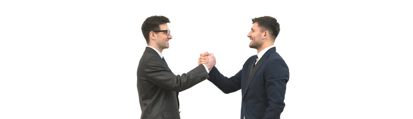 The two businessmen greeting on the white wall background
