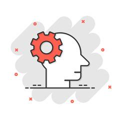 Human head with cogwheel icon in comic style. Technology progress cartoon vector illustration on white isolated background. Face and gear splash effect business concept.