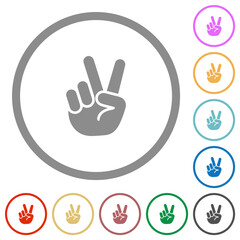 Victory sign hand gesture flat icons with outlines