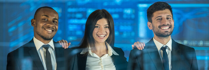 The smile business people look over the virtual screen