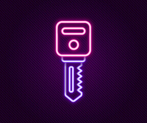 Glowing neon line House key icon isolated on black background. Colorful outline concept. Vector