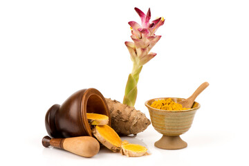 Wild turmeric ,rhizome ,powder and oil isolated on white background.