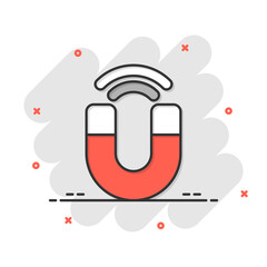 Magnet icon in comic style. Attract cartoon vector illustration on white isolated background. Electromagnetic splash effect business concept.