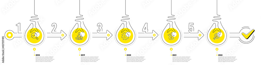 Poster infographic timeline with lamp light bulbs icons. 5 steps idea journey path concept of business proj