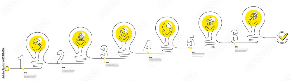 Poster continuous line timeline with lamp light bulbs icons. 6 steps idea journey path of business project 