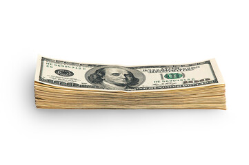 A stack of packaged dollars on a white background. One hundred American dollar bills. The pile of dollars is isolated with a shadow. A big wad of dollars.