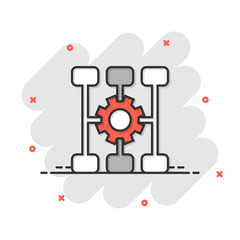 Improvement icon in comic style. Gear project cartoon vector illustration on white isolated background. Productivity splash effect business concept.
