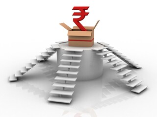 Rupee currency with card box . 3D rendering illustration