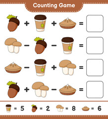 Fototapeta na wymiar Counting game, count the number of Acorn, Tea Cup, Pie, Mushroom Boletus and write the result. Educational children game, printable worksheet, vector illustration