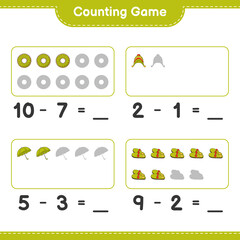 Counting game, count the number of Donut, Slippers, Umbrella, Hat and write the result. Educational children game, printable worksheet, vector illustration
