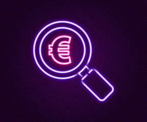 Glowing neon line Magnifying glass and euro symbol icon isolated on black background. Find money. Looking for money. Colorful outline concept. Vector