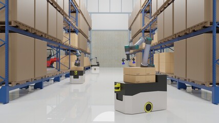 The AGV (Automated guided vehicle) with industrial robot are carrying cartons in smart factory. 3D illustration