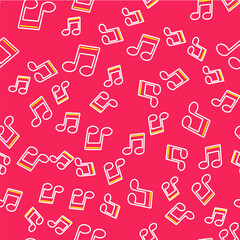 Fototapeta na wymiar Line Music note, tone icon isolated seamless pattern on red background. Vector