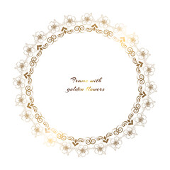 Gold round frame with flowers. Vector illustration. White background.