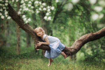 a little girl in the forest sitting on a tree