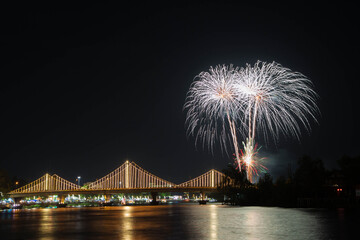 SURATTHANI, THAILAND - OCTOBER 17 : Beautiful firework display for celebration on the Tapee river...