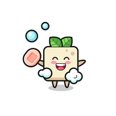 tofu character is bathing while holding soap