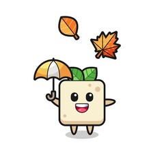 cartoon of the cute tofu holding an umbrella in autumn
