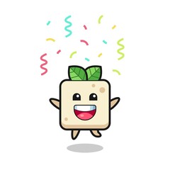 happy tofu mascot jumping for congratulation with colour confetti