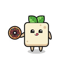 illustration of an tofu character eating a doughnut