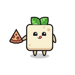 cute tofu cartoon eating pizza